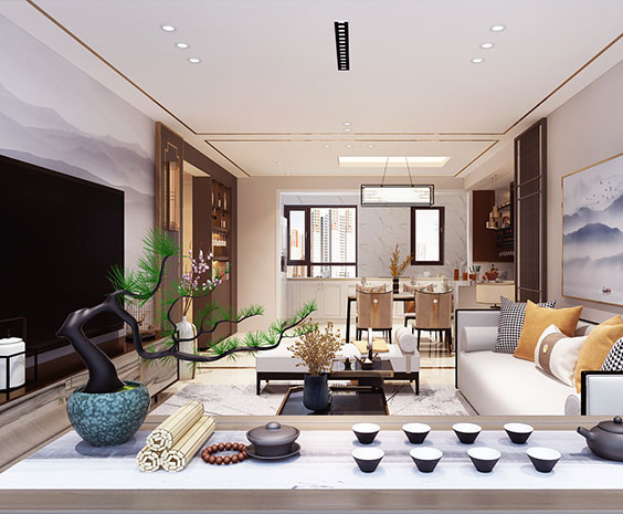 凤凰城92平中式轻奢风格三居室装修效果图